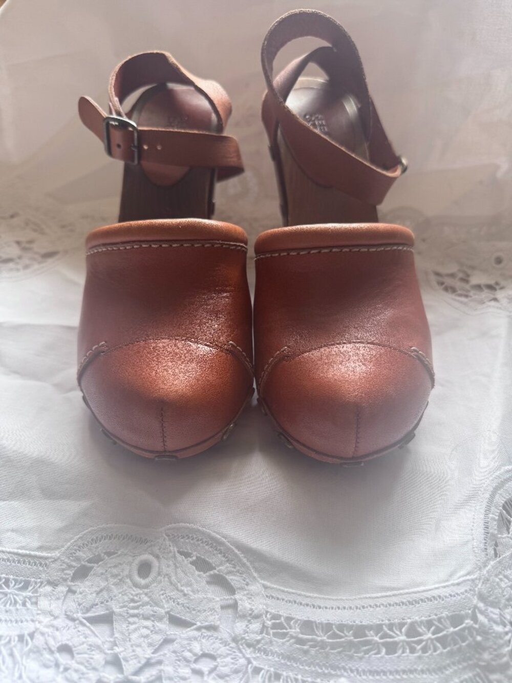 See By Chloé Wood Wedge Clogs Y2K  Ankle Strap Brass Studs Size 7